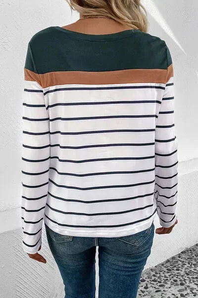 Striped Round Neck Long Sleeve T-Shirt Women's T-Shirts - Tophatter Daily Deals